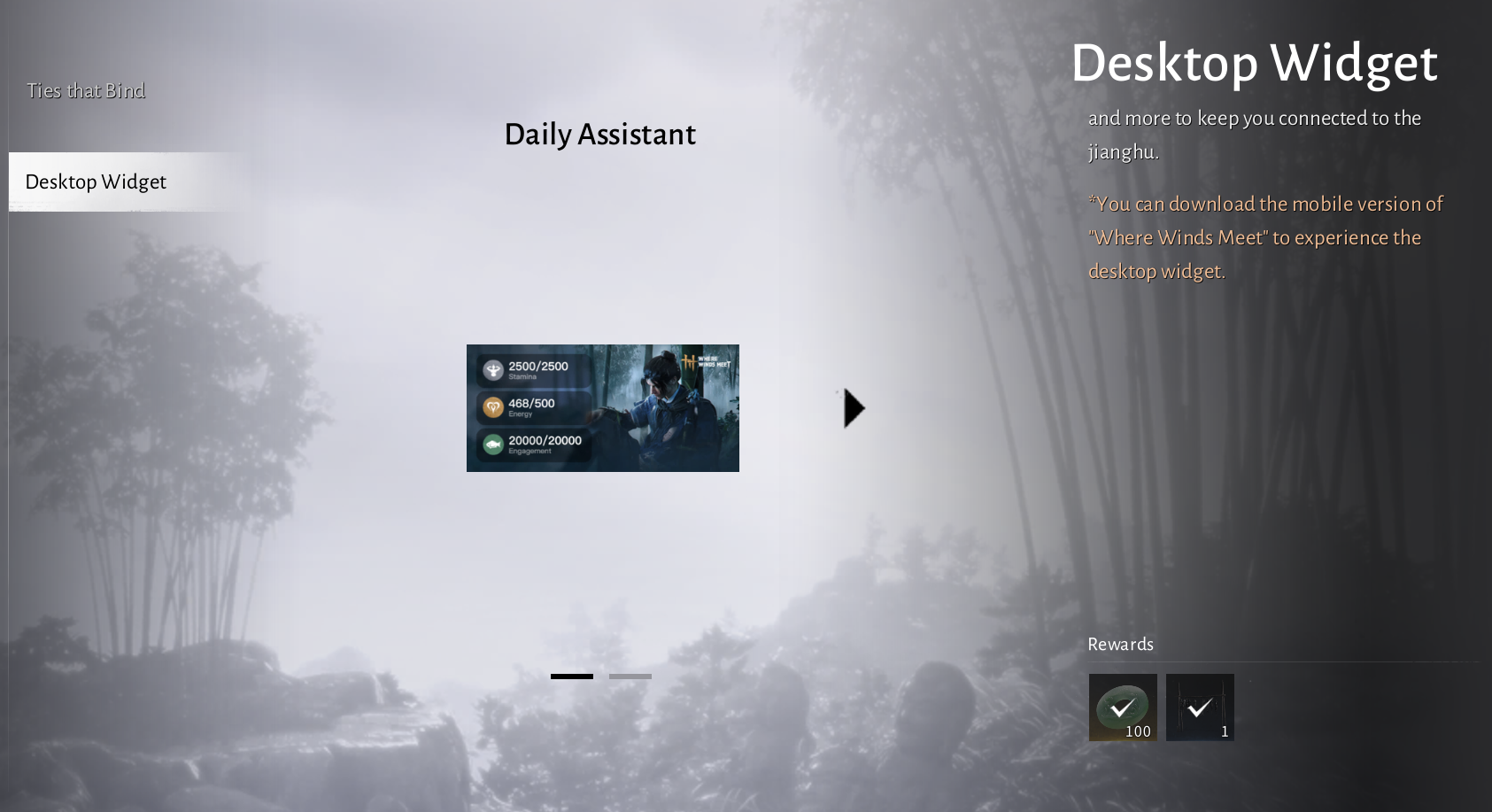 In-Game-Screen „Daily Assistant / Desktop Widget“ mit Hinweis, dass man die Mobile-Version herunterladen soll