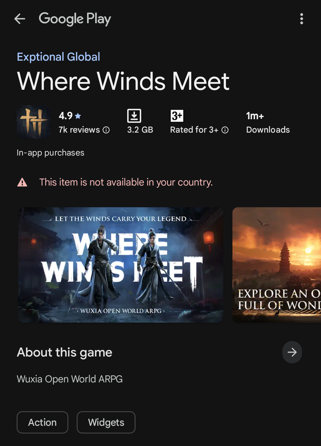 Google-Play-Seite zeigt, dass Where Winds Meet im Land nicht verfügbar ist