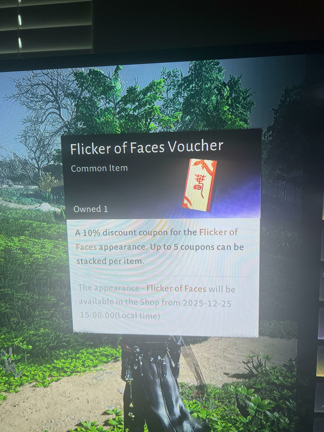 Flicker of Faces Voucher item details (shows 10% discount and shop availability time)