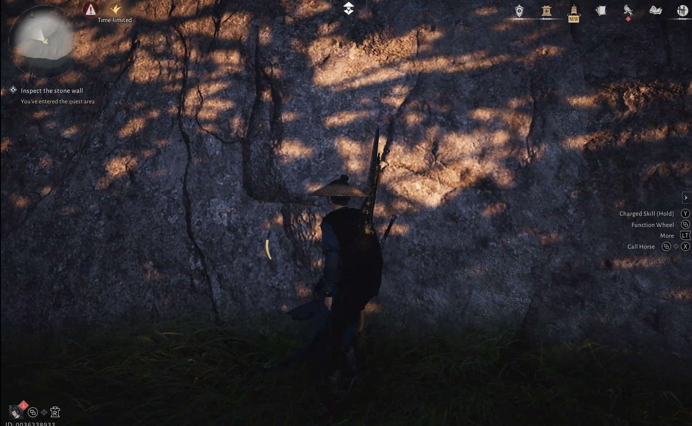 Inspecting the stone wall inside the ruins